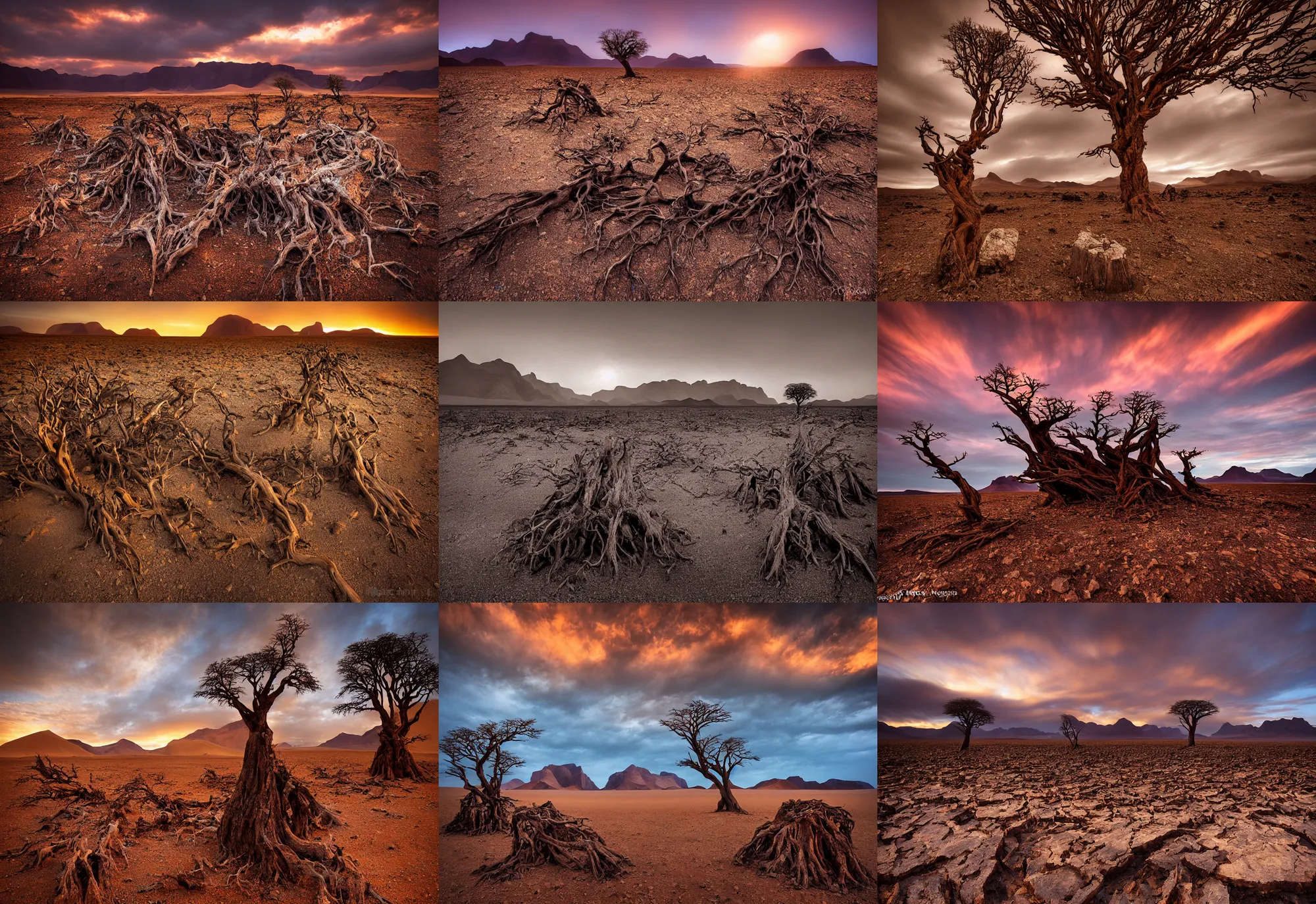 Image similar to amazing landscape photo of the Namib landscape with mountains in the distance and a dead tree stump on the rocks in the foreground by marc adamus, beautiful dramatic lighting, 16mm wide angle lens