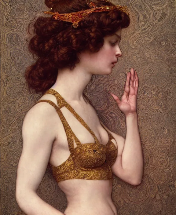 Image similar to a goddess, paint background, intricate and detailed lace set, suspenders, honey birdette, realistic renaissance portrait, highly detailed, digital painting, artstation, concept art, smooth, sharp focus, cinematic lighting, art by john collier, artgerm and greg rutkowski and alphonse mucha and jacques louis david and john william godward