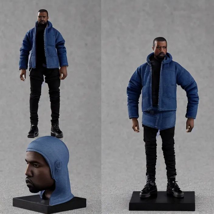 Image similar to a hot toys figure of kanye west using a full face covering black mask, a small, tight, undersized reflective bright blue round puffer jacket made of nylon, dark jeans pants and big black balenciaga rubber boots, figurine, detailed product photo