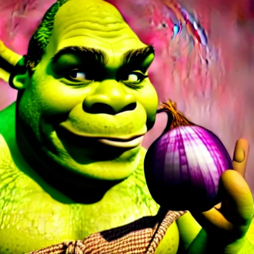 Image similar to a stock photo of shrek eating an onion, 8 k, ultra - realistic