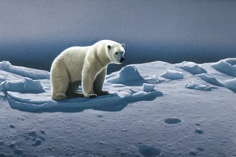 Prompt: a polar bear sitting on the moon by barclay shaw, portrait,