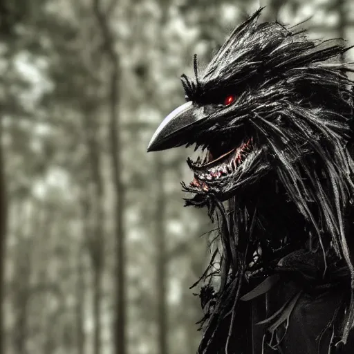 Image similar to werecreature consisting of a crow and a human, featured on artstation, photograph captured in a dark forest