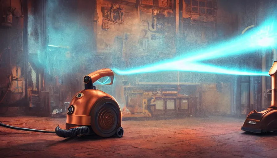 A glowing electrical Steampunk vacuum cleaner in a Stable Diffusion