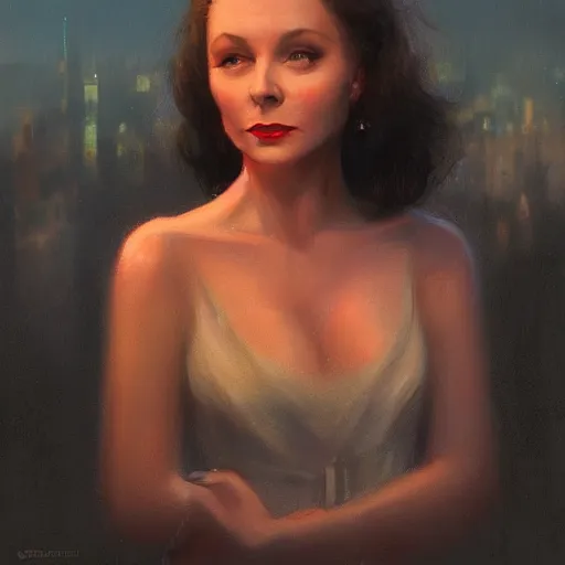 Image similar to a closeup portrait of a young vivian leigh, 1 9 7 0 s, city background, gorgeous view, sunset, film noir, depth, by seb mckinnon, by greg rutkowski, by igor kieryluk, digital art, trending on artstation