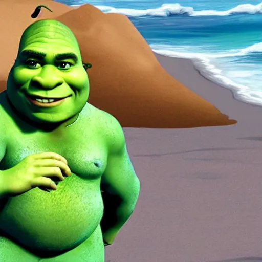 Image similar to shrek drinking alcohol on a beach