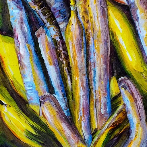 Image similar to baguettes on a banana palm, intricately detailed acrylic painting
