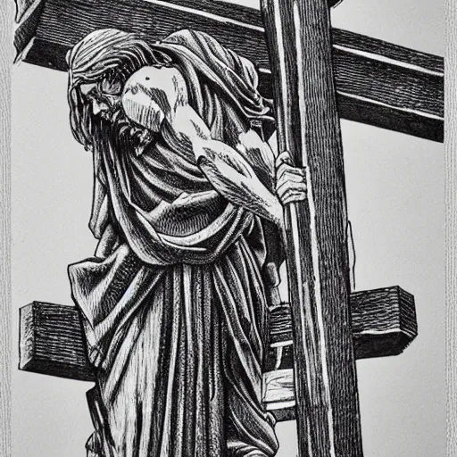 Image similar to Jesus christ on the cross, by Kentaro Miura, manga, black and white, pen and ink, high detail