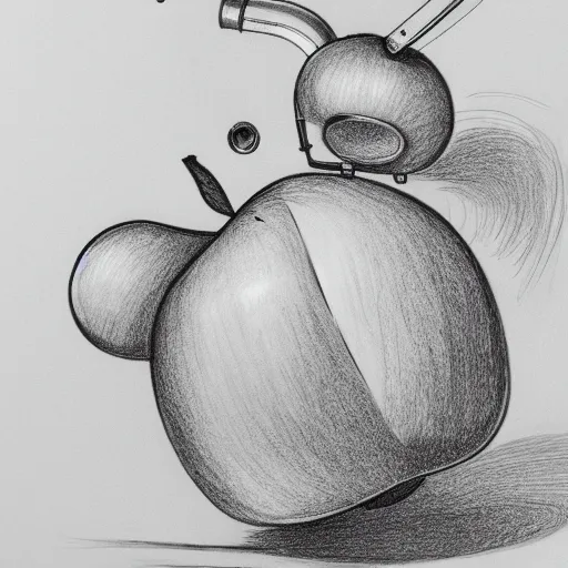 Prompt: line art drawing of a mechanical apple transforming into a robot, pencil on paper, high-resolution