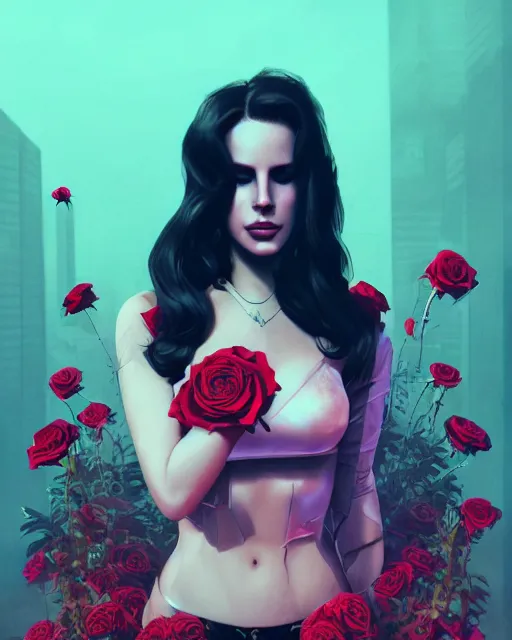 Prompt: portrait of lana del rey as a cyberpunk cyborg. sci - fi intricate abstract upper body intricate artwork, roses, rose petals by tooth wu, wlop, beeple, dan mumford. concept art, octane render, trending on artstation, greg rutkowski, asymmetrical, cinematic arthouse, key art, hyper realism, iridescent accents