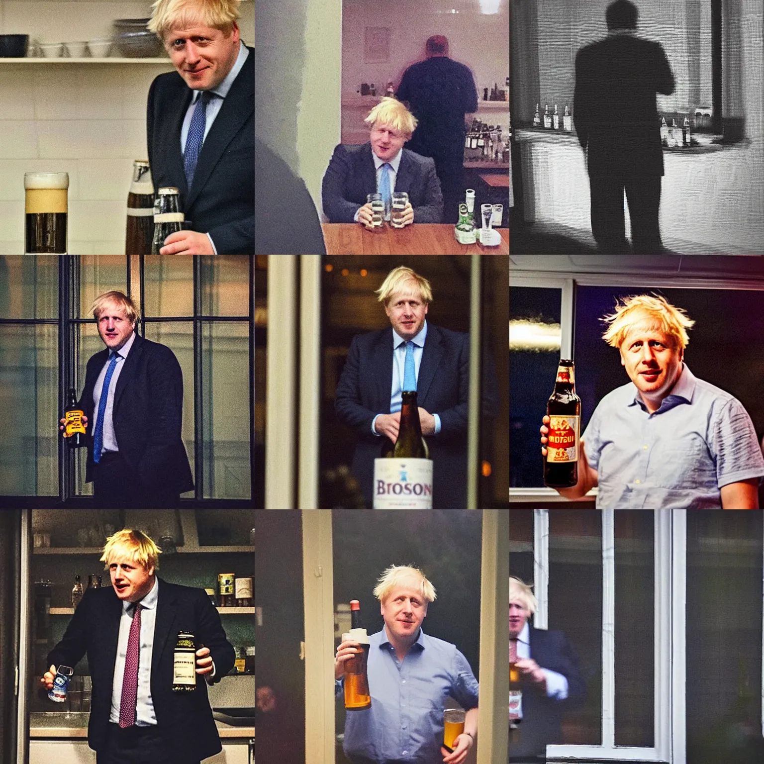 Prompt: low quality smartphone photo telephoto shot through a kitchen window at night of Boris Johnson sideshot standing and holding a bottle of beer