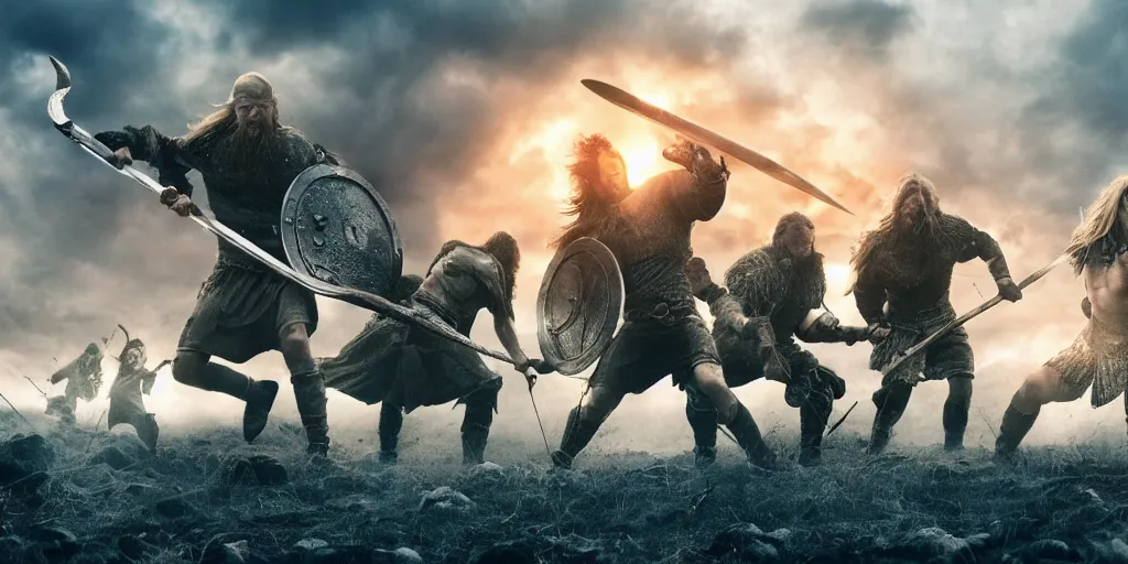 Prompt: epic battle scene Vikings versus aliens, the last stand, Epic Background, highly detailed, sharp focus, 8k, 35mm, cinematic lighting