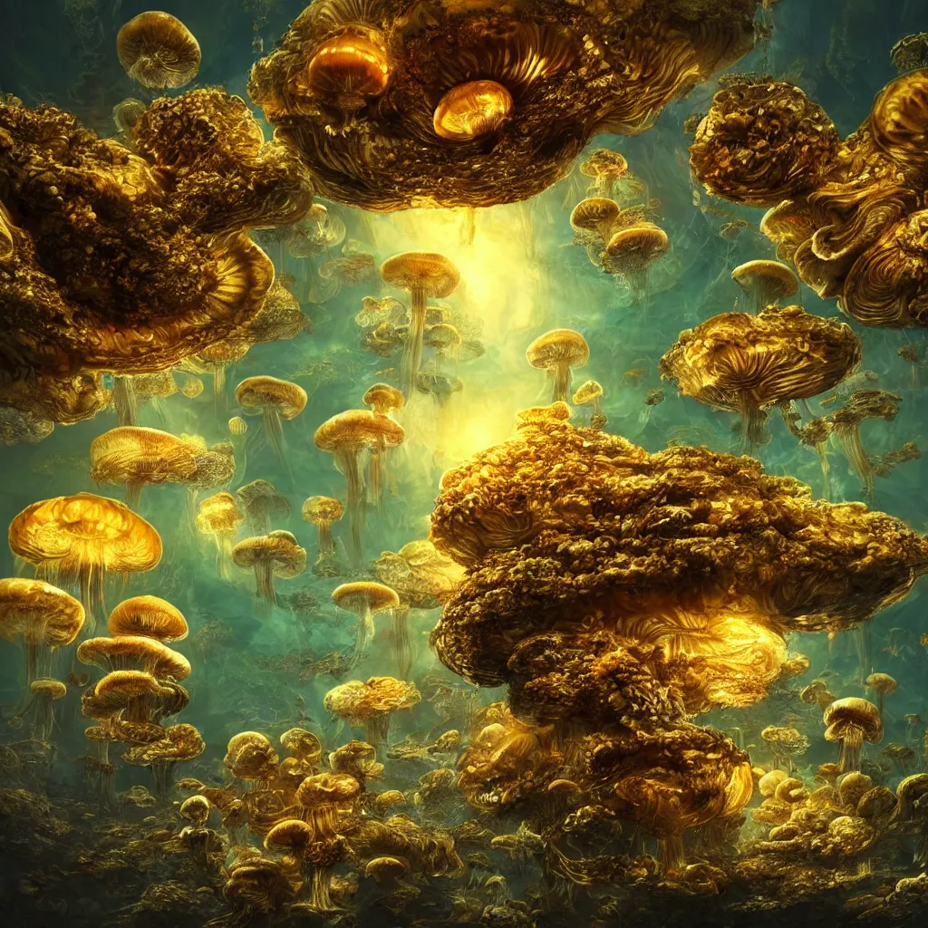 Image similar to mandelbulb gold rising from oceans, high detailed, island, jellyfish environment art, artstation, mushrooms, toad