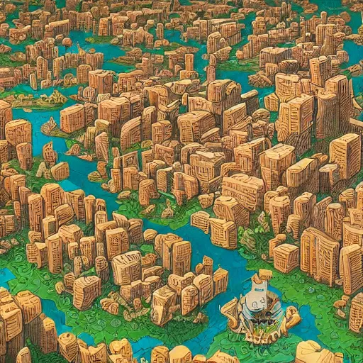 Image similar to cell shaded adult animation, a birds eye view overlooking a walled off ancient fantasy city being attacked by horrific monsters, surrounded by mountains and trees of greens and browns, rivers, concept art by josan gonzales and wlop, Laurie Greasley, Jordan Grimmer, Beksiński and james jean, highly detailed, sharp focus, Trending on Artstation, HQ, deviantart, art by artgem