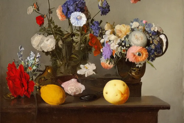 Image similar to still life with astronaut helmet and flowers in the style of the dutch masters