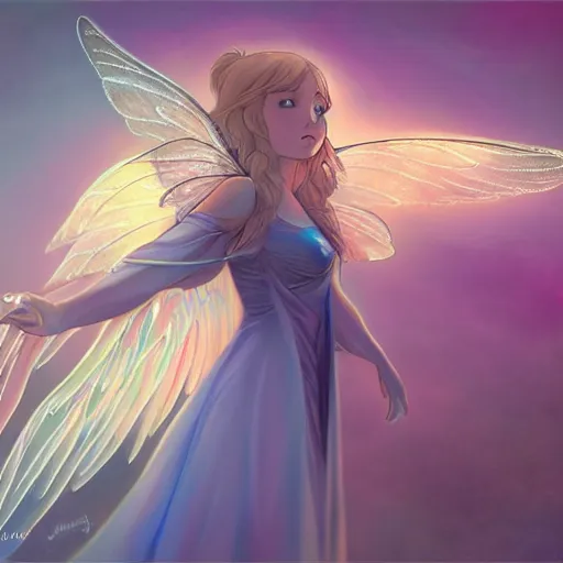 Prompt: a spirit fairy with glowing wings, highly detailed, digital painting, trending on artstation, concept art, sharp focus, high detail, illustration,, disney artist, anime style, sharp focus, ghibli studio, art by ross draws and stanley artgerm, 8 k