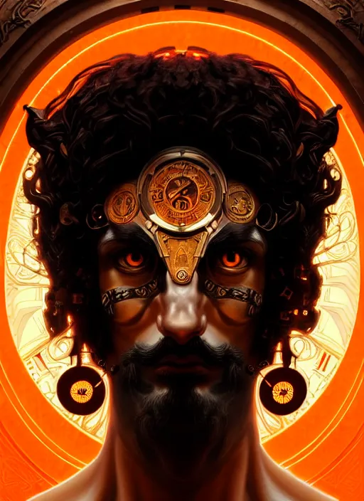 Prompt: portrait of greek god ares, black curly hair, glowing eyes, volumetric lights, face ornament, orange scheme, art nouveau botanicals, gothic, intricate, highly detailed, digital painting, artstation, concept art, smooth, sharp focus, symmetric face, illustration, steampunk, art by artgerm and greg rutkowski and alphonse mucha