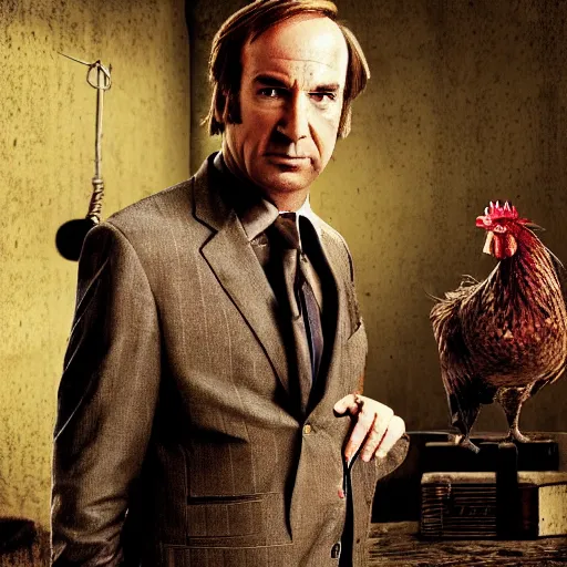 Image similar to saul goodman and a rooster in a medieval torture chamber, saw blades and knives in the background, horror movie, saul goodman, rooster, real life photo, detailed face