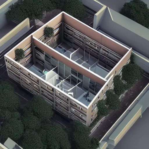 Image similar to isometric view of a aparment building, 3d render,octane