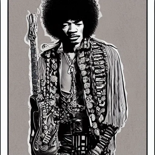 Prompt: artwork by Franklin Booth showing a portrait of Jimi Hendrix