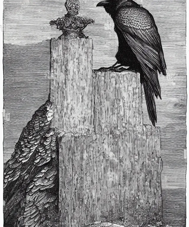 Image similar to raven sitting on a bust of pallas above a door, art by james o barr and albrecht durer and gustave dore, woodblock print, engraved, black and white, vector, vector art