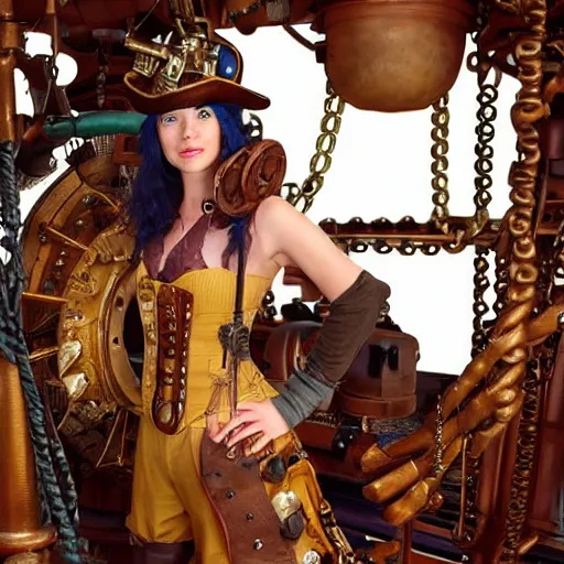 Image similar to a steampunk pirate on his ship with her mechanical crew