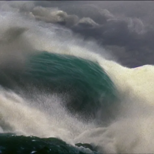 Image similar to cinematic still of mountains rising from the oceans, waves dividing as land emerges, storm, energy, miracle, dramatic angles, from Biblical epic by Steven Spielberg