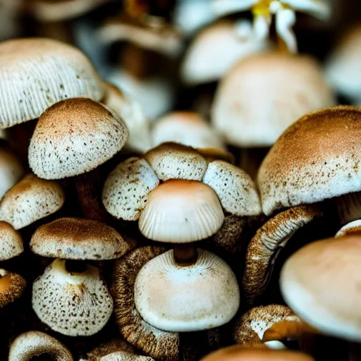 Prompt: a close up of a bunch of mushrooms, a microscopic photo by tarsila do amaral, macro photograph by eglon van der neer featured on shutterstock, ecological art, trypophobia, macro photography, provia