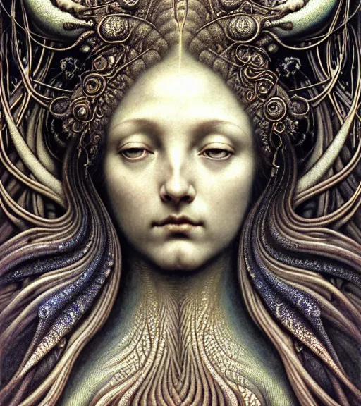 Prompt: detailed realistic beautiful day goddess face portrait by jean delville, gustave dore, iris van herpen and marco mazzoni, art forms of nature by ernst haeckel, art nouveau, symbolist, visionary, gothic, neo - gothic, pre - raphaelite, fractal lace, intricate alien botanicals, ai biodiversity, surreality, hyperdetailed ultrasharp octane render