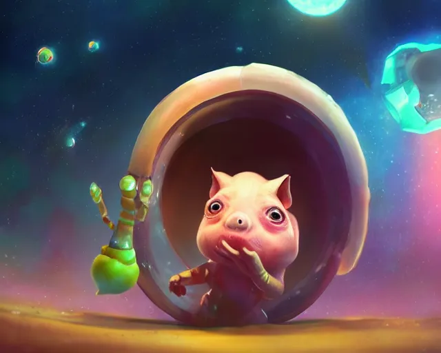 Image similar to 3D Fantasy Cute and adorable small alien piggy in space, huge adorable eyes, bright stars, Smooth 3D Illustration, soft render, Servando Lupini, Daniil Kudriavtsev, handpaint texture, Blender, 3DCoat