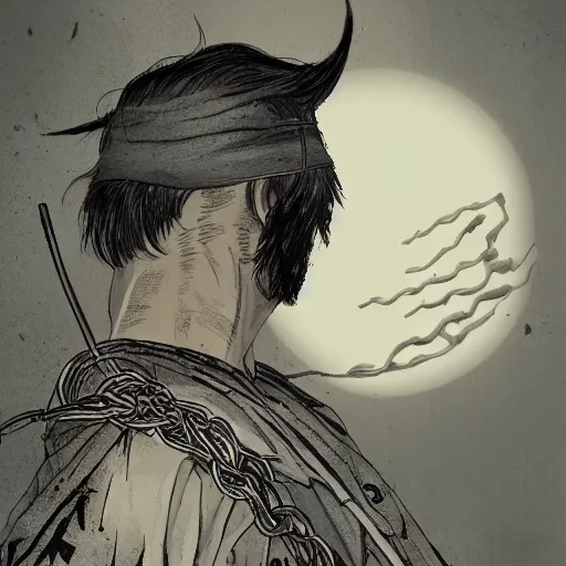 Image similar to A PORTRAIT FROM BEHIND OF A SAMURAI MAN VAGABOND WITH A MOON BEHIND HIM ,THE SAMURAI IS WRAPPED IN CHAINS ,detailed,editorial illustration, matte print, concept art, ink style , sketch , digital 2D