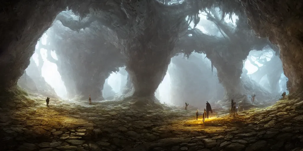 Prompt: drawfs trek along a path in an immense underground cavern, lit by magical light, giant mushrooms, dark fantasy, Greg Rutkowski and Studio Ghibli and Ivan Shishkin