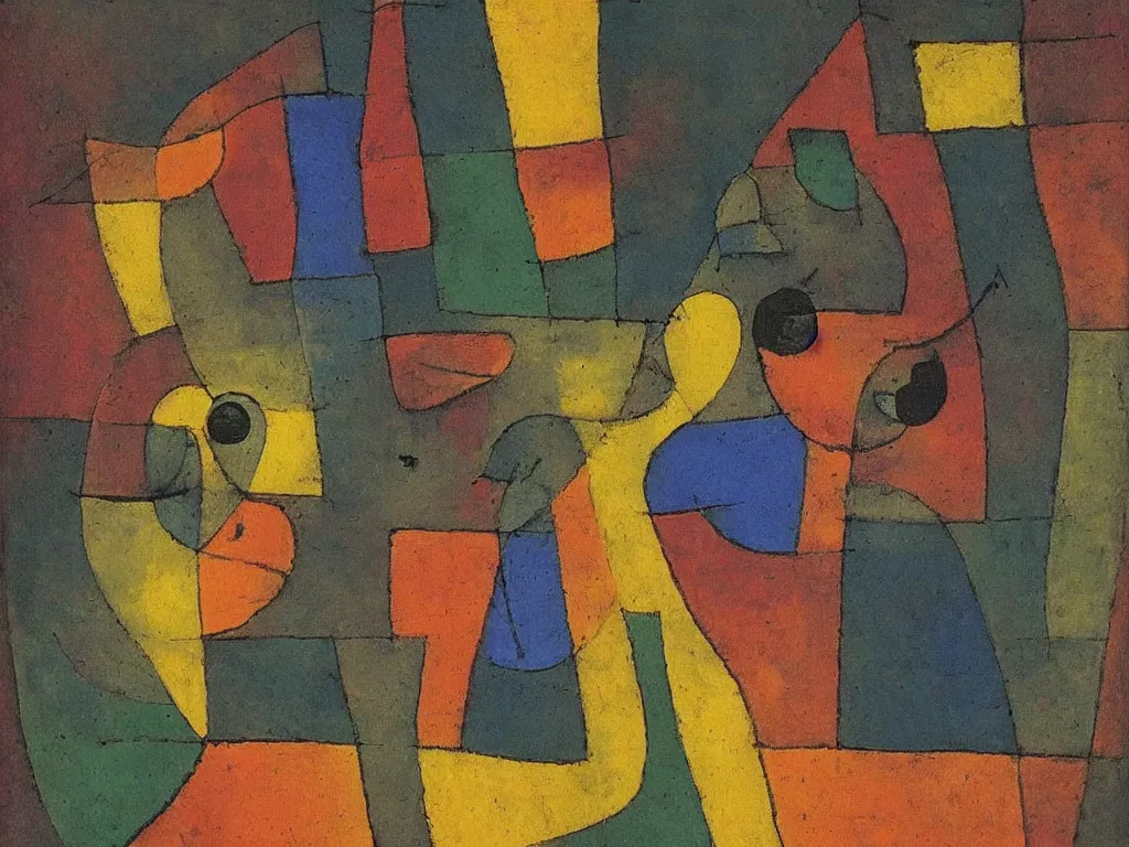 Image similar to portrait of a joyful hunter. painting by paul klee