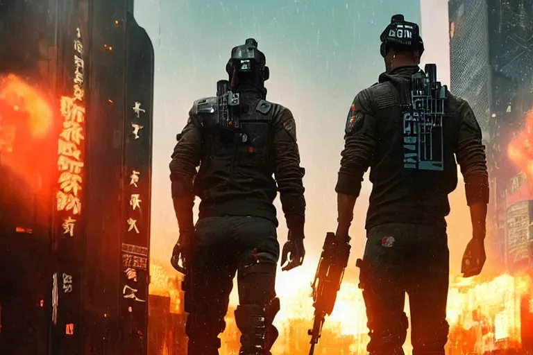 Prompt: soldier standing in murky water dark. cyberpunk soldier helmet mecha armor black matte angular armor white Chinese writing. Holding AR-15 rifle black. Bladerunner 2049 ((Cyberpunk2077)). ((Man wearing fire fighter uniform))