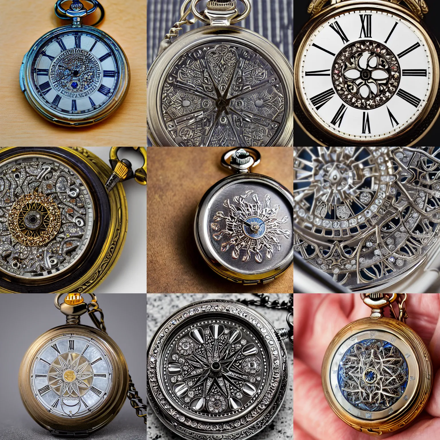 Prompt: close up photo of a crystal pocket watch, high detail, complex