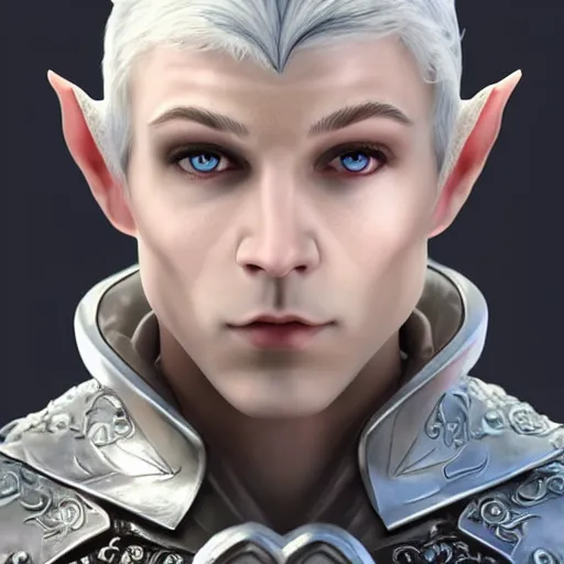 Image similar to handsome male snow elf in silver ornate armour, albino skin, elden ring, realistic, dnd character portrait, full body, dnd, rpg, lotr game design fanart by concept art, behance hd, artstation, deviantart, global illumination radiating a glowing aura global illumination ray tracing hdr render in unreal engine 5