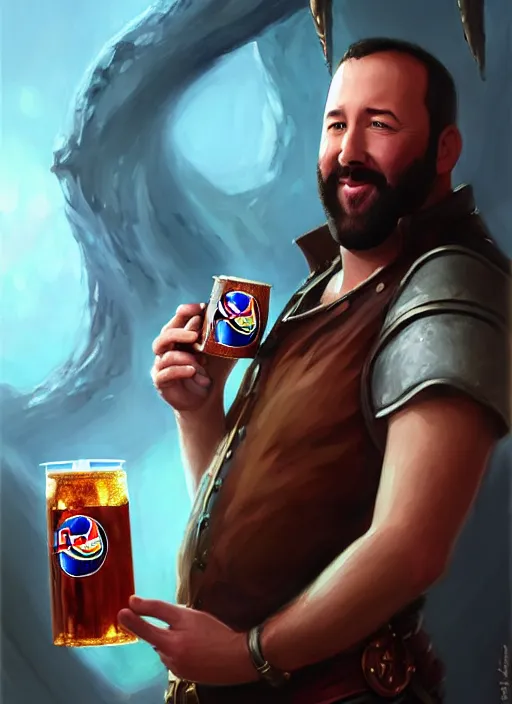 Prompt: a _ fantasy _ style _ portrait _ painting _ of burt kreischer drinking pepsi, rpg dnd oil _ painting _ unreal _ 5 _ daz. _ rpg _ portrait _ extremely _ detailed _ artgerm _ greg _ rutkowski _ greg