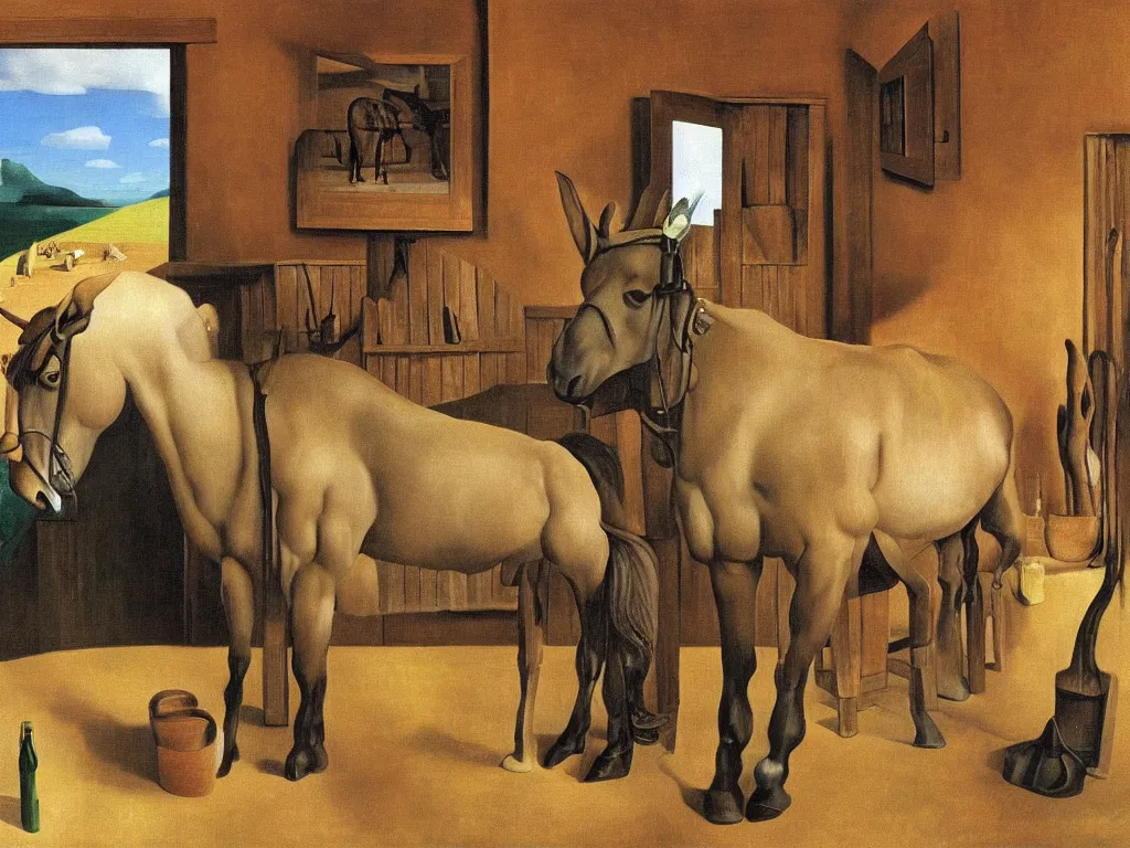 Prompt: a mule in the a rustic bar, by Salvador Dali, by Rene Magritte, award winning, amazing resolution.