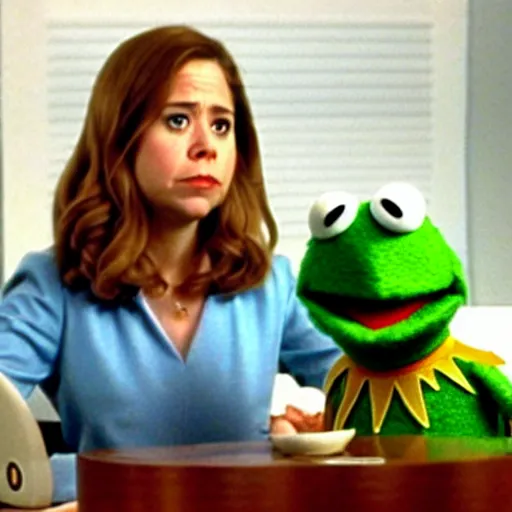 Image similar to film still of muppet!!!!! pam beesly!!!! as a muppet muppet muppet as a muppet in the tv show the muppet office