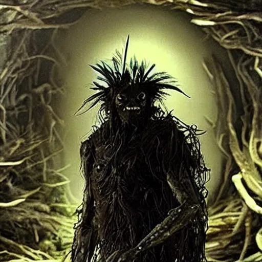 Image similar to humanoid alien species with human face, black feathers instead of hair, feathers growing out of skin, wings growing out of arms, transformation, tim burton, guillermo del toro