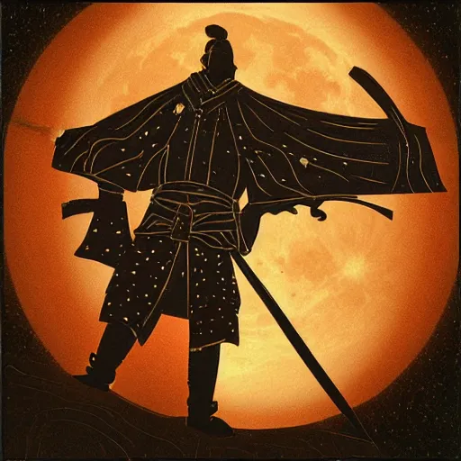 Image similar to old samurai holding ancient sword giant moon in background lighting the area