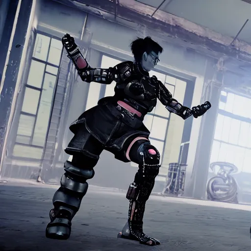 Image similar to a female cybernetic punk/martial-artists in a combat stance Photorealistic HD 8k highlights and shadow detailed High Resolution