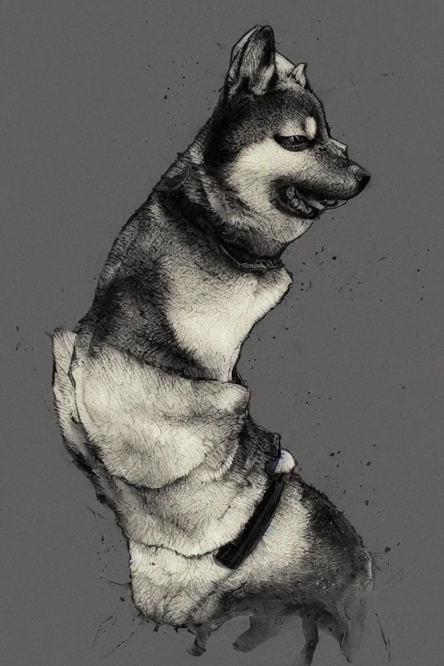 Image similar to a portrait of a shiba inu, in the style of yoji shinkawa artistic, highly detailed