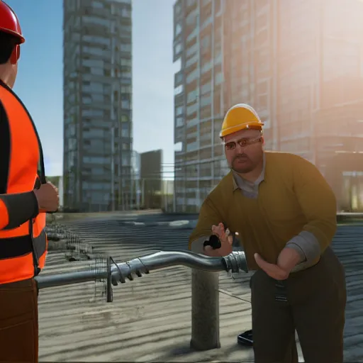 Prompt: Award-winning photograph of an office worker arguing with a construction worker about pipes with an apartment complex on the background, god rays, cinematic, 8k, Unreal Engine render