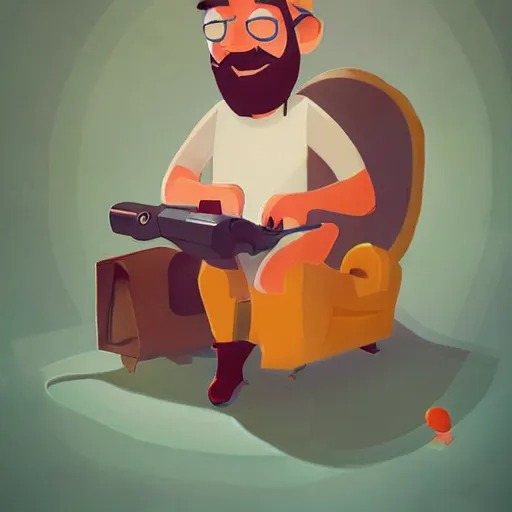 Prompt: cute cartoon character, curled perspective, digital art, beard grandpa taking a photo to a baby girl, anton fadeev