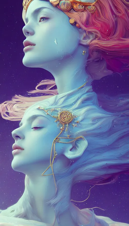 Image similar to a beautiful goddesses, profile, planets, sky, dream, highly detailed, digital painting, refreshing, trending on artstation, octane render, hyper realistic, illustration by james jean