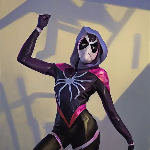 Prompt: greg manchess portrait painting of partially armored spidergwen as overwatch character, medium shot, asymmetrical, profile picture, organic painting, sunny day, matte painting, bold shapes, hard edges, street art, trending on artstation, by huang guangjian, gil elvgren, ruan jia, greg rutkowski, gaston bussiere