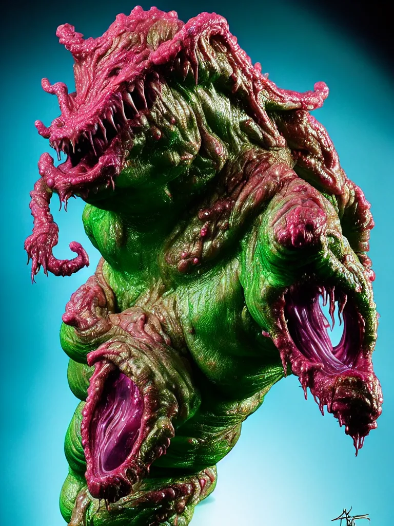 Image similar to hyperrealistic rendering, shiny wet fat cronenberg flesh monster smooth kaiju by art of skinner and richard corben and jeff easley, product photography, action figure, sofubi, studio lighting, colored gels, rimlight, backlight