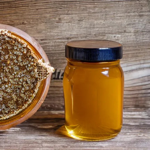 Image similar to a jar of honey in a beehive, product photo