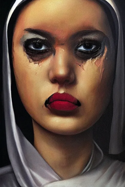 Prompt: hyperrealism oil painting, complete darkness background, close - up face portrait from up, nun fashion model, small spot of paint on face, in style of classicism mixed with 8 0 s sci - fi japanese books art