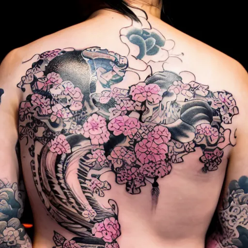 Image similar to photography of the back of a woman with an detailed irezumi tatto representing a tiger with pink flowers on her entire back, mid-shot, editorial photography